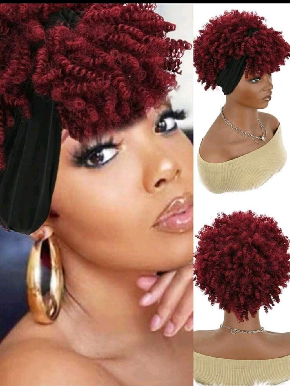 Burgundy Curly Synthetic Puff Wig - Short Afro Puff